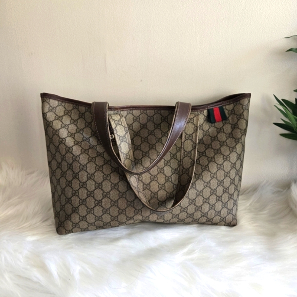 Gucci Brown Monogram Tote Bag with Leather Trim